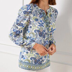 Talbots Paisley Floral Print Popover Top SP Long Sleeve Blouse Henley Blue White